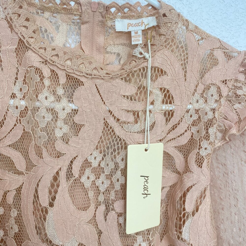 Peach Lace Puff Sleeve Blouse Boho Chic Floral Top Nude Size M - Picture 7 of 7